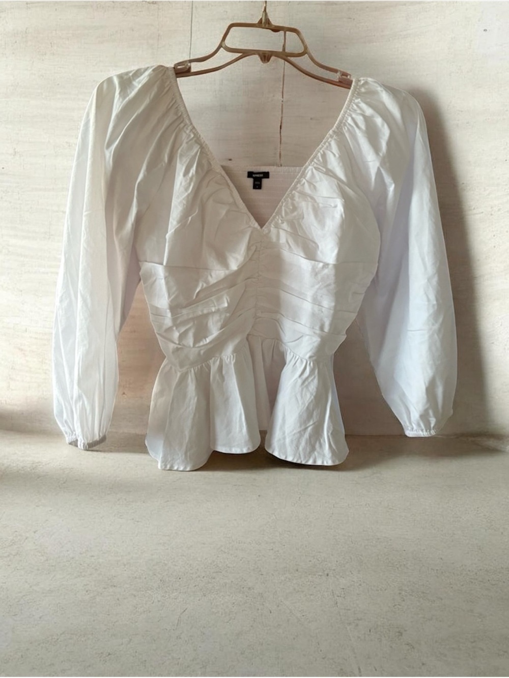 Express White V-Neck Ruched Peplum Top